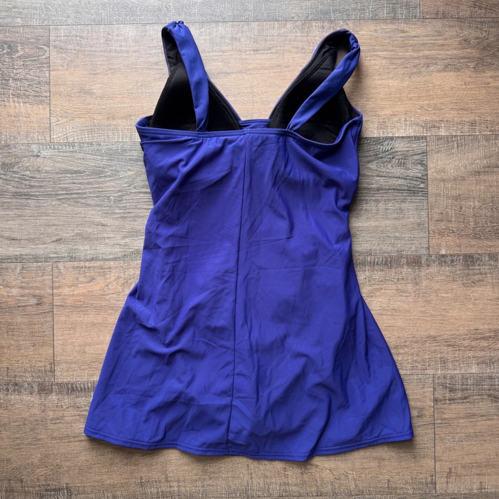 Lands End Womens Royal Blue Ruched V-Neck Swim Dress One Piece Swimsuit size 12 - Picture 2 of 6